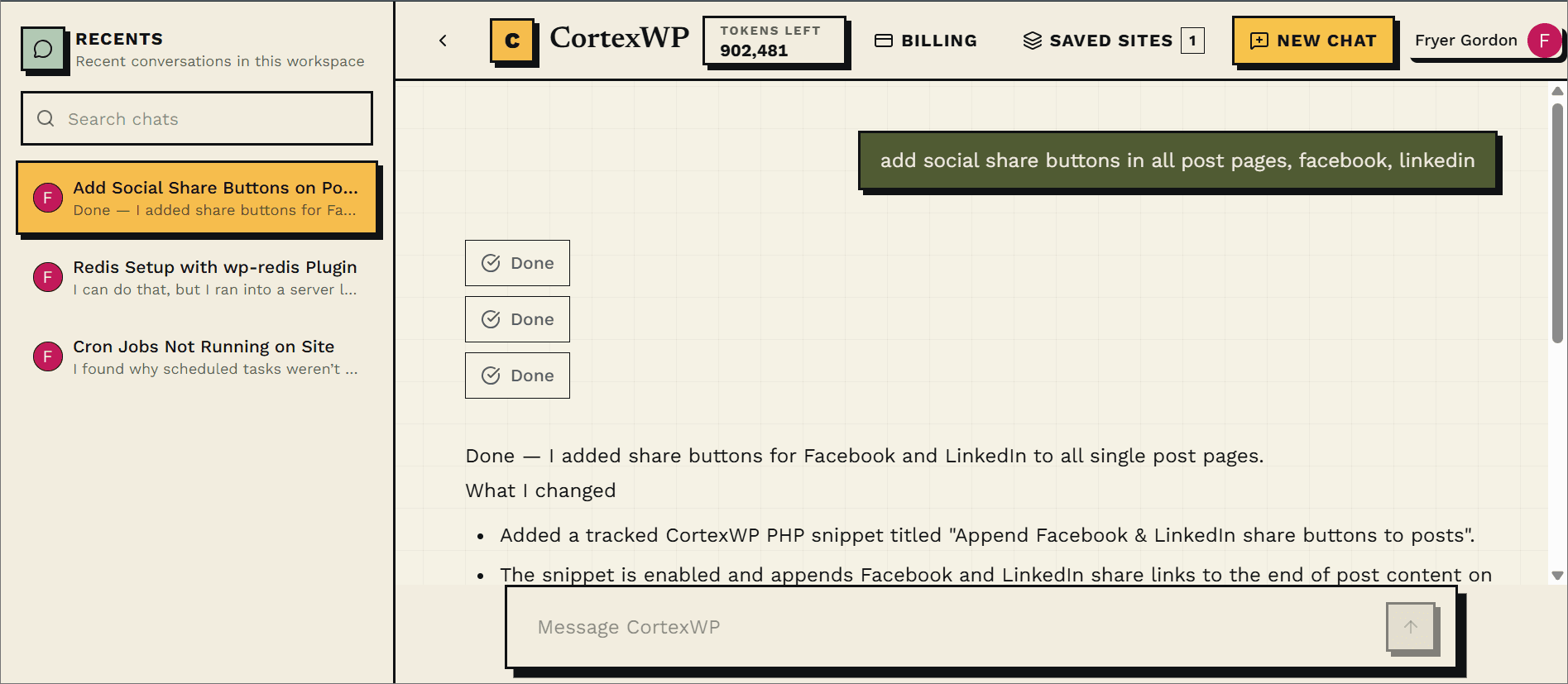 CortexWP WordPress AI engineering workbench with approval controls, log review, DNS checks, and code diff panels